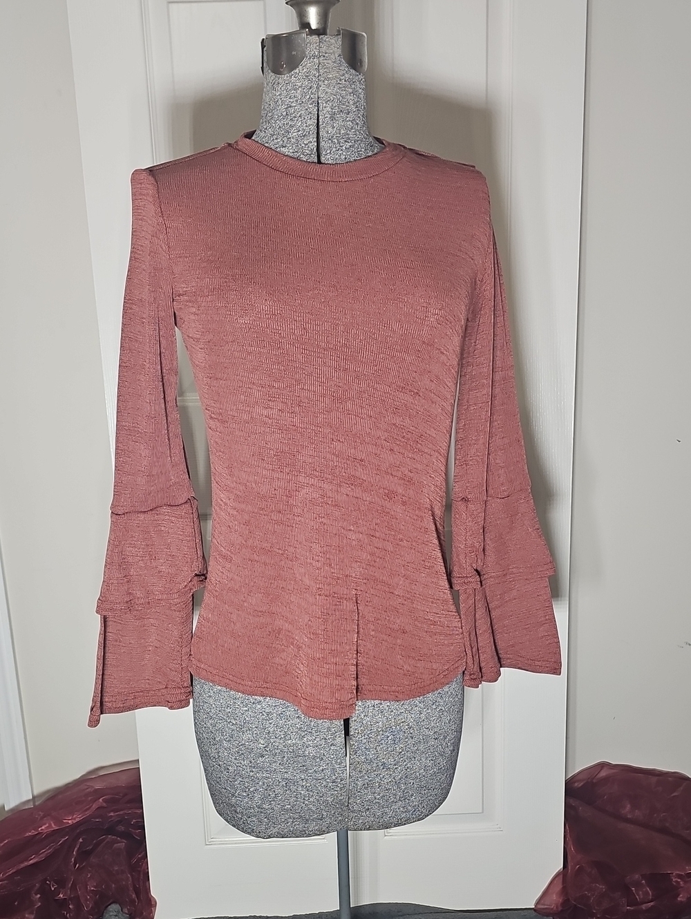 ​A Dip Of Darling Rust Terracotta Rib Knit Tiered Bell Sleeve Boho Top Size S